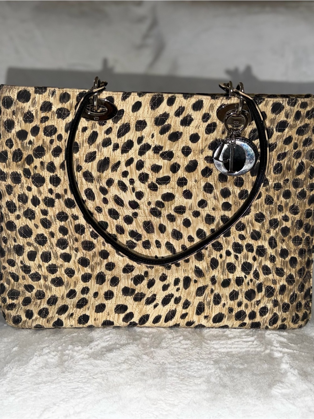 Christian Dior Lady Dior Leopard Print Vinyl Tote Bag with Charm - Black & Tan